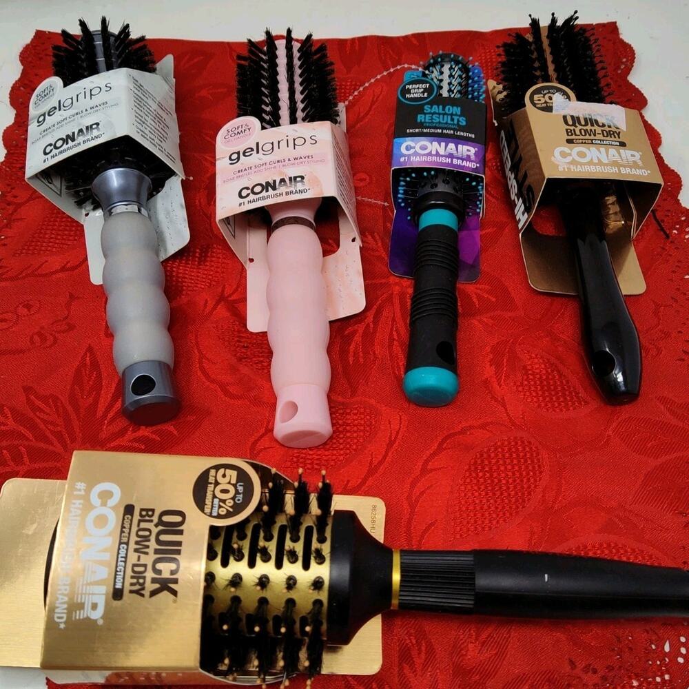 5 Piece Hair Brush Lot – Conair Brushes Styling, Round NEW Gel Handles Blow Dry